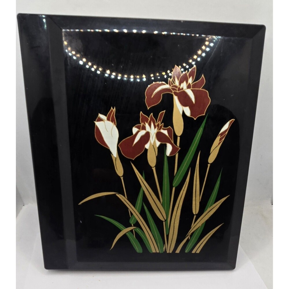 Black Lacquer Asian Photo Album Floral Inlaid Japan